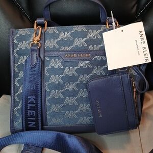 Anne Klein Blue Monogram Handbag with Wallet And Long Strap